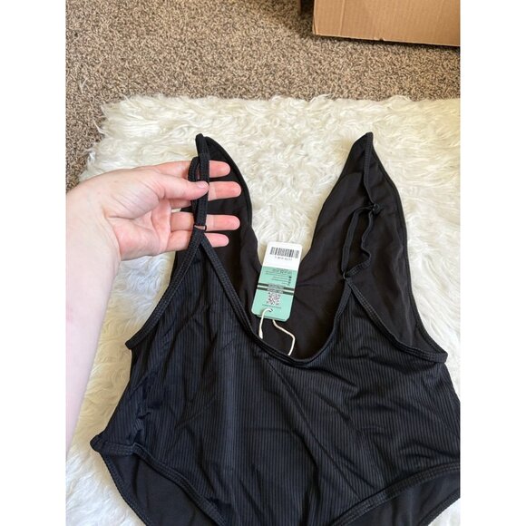 NWT Shekini Black Ribbed Deep U-Neck Thong Back One Piece Swimsuit L - Picture 6 of 10